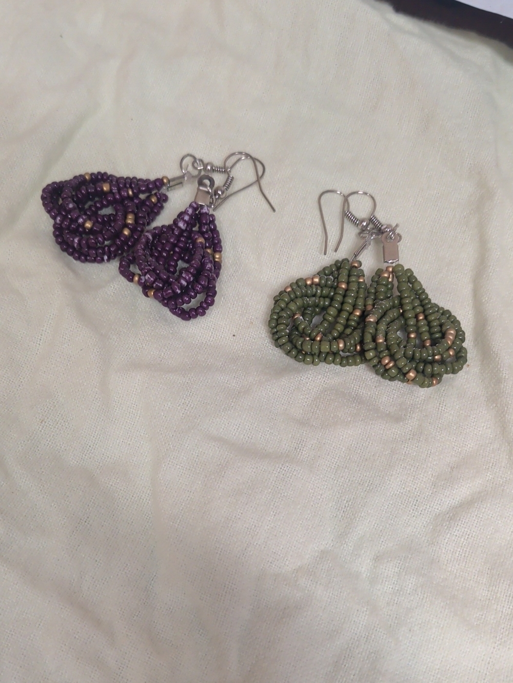 Beaded Knot Dangle Earrings - Purple & Olive Green